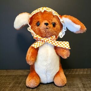Vintage DAKIN & Co Brown and White Plush Bunny With Bonnet. 1976 Korea